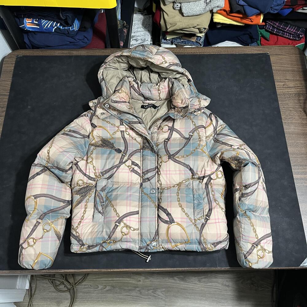 Ralph Lauren Down Puffer Jacket Womens XS Buckle Bit RRL Plaid Hooded Equestrian